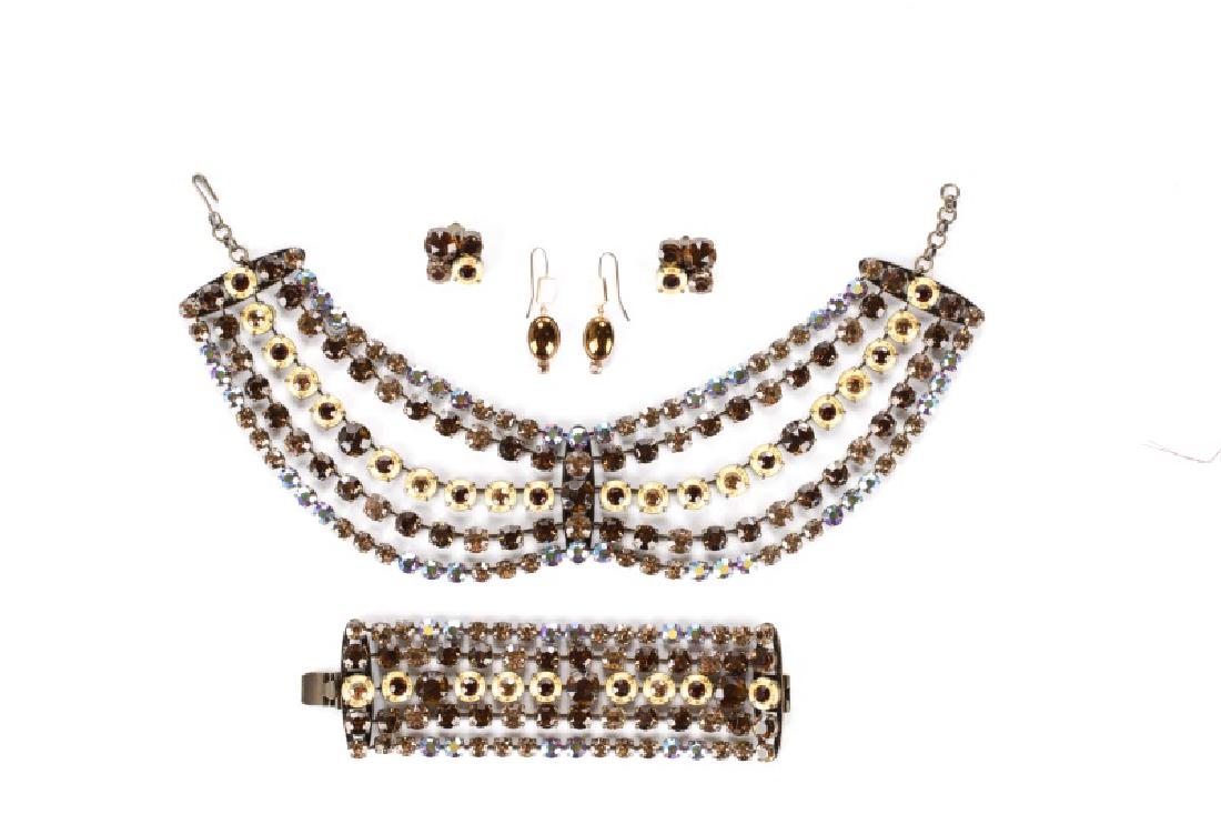 Jean-Louis Blin & Philippe Ferrandis Jewelry Set: Jean-Louis Blin (French, founded 1974) and Philippe Ferrandis (French, founded 1986). A matching jewelry set by Jean-Louis Blin comprised of multi-toned glass rhinestones in shades of brown, accented