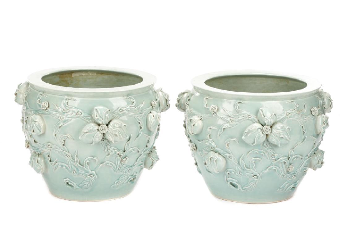 Pair, Chinese Glazed Celadon Planters w/ Prunus (1 of 10)