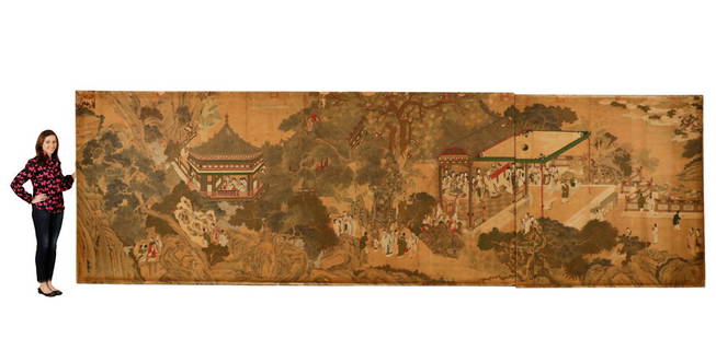 Attr. Qiu Ying, Ming Monumental Painting, 21': Attributed to Qiu Ying, Ming Painter (Chinese, 1494-1552). "Palace Courtyard", gouache and ink on paper laid down on three wood panels, signed and sealed. Monumental exquisitely painted scene