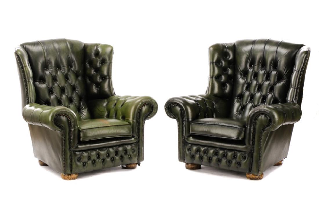 Pair, Tufted Green Leather Club Chairs (1 of 7)