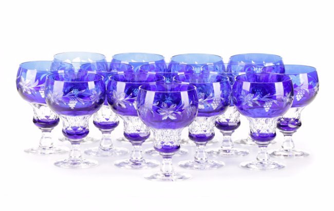 Set of 14 Cobalt Cut to Clear Crystal Goblets (1 of 8)