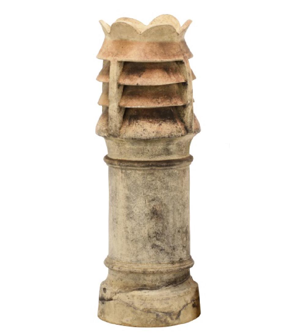 Victorian Cast Stone Chimney Topper: English, 19th century. A cast stone chimney topper, having a scalloped top over a slatted reticulated cornice, with a columnar banded pedestal. Apparently unmarked. Approximate height 39.25", diameter