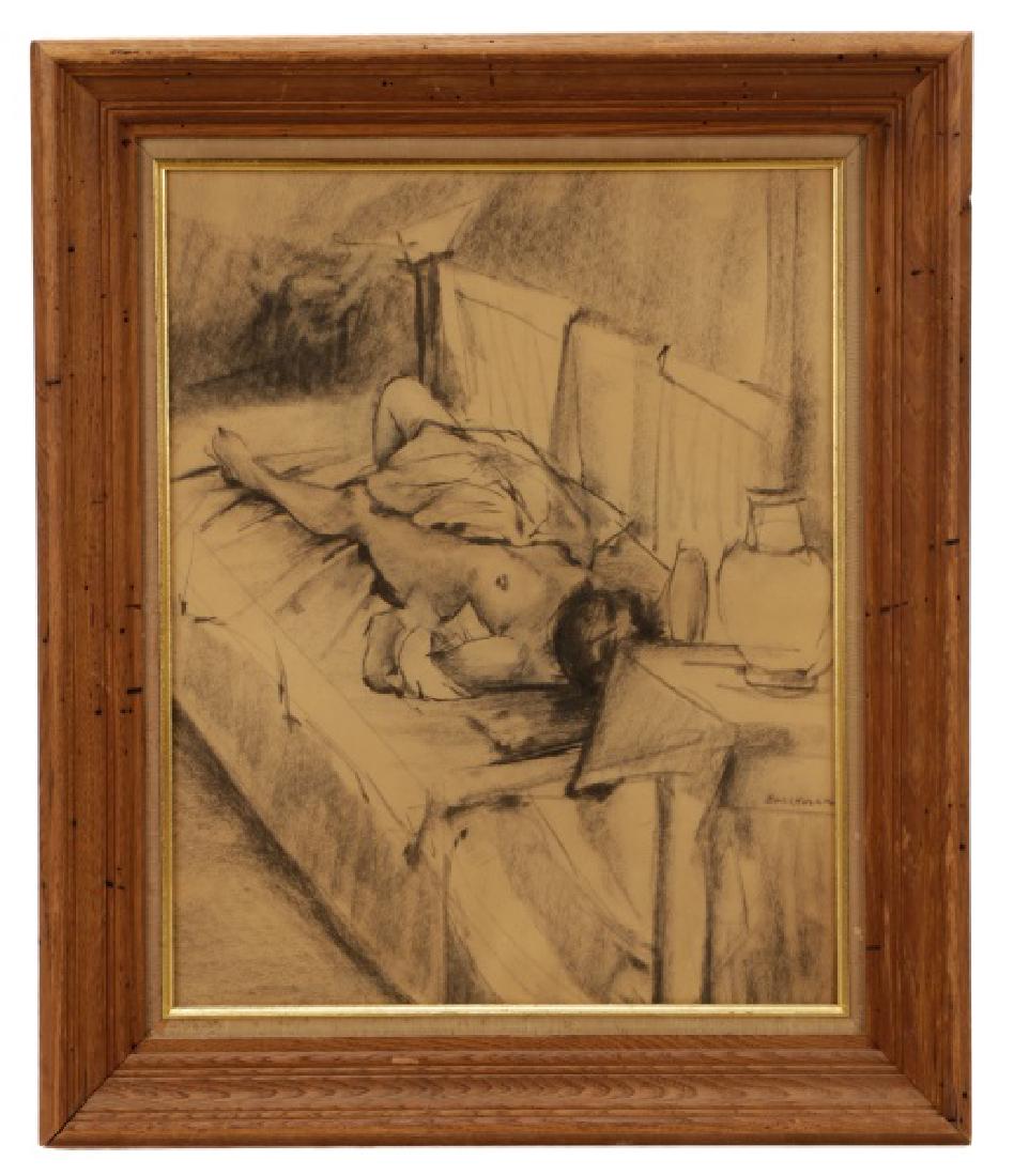 Robert Brackman, "Reclining Nude", Charcoal: Robert Brackman (American, 1898-1980), "Untitled (Reclining Nude)", charcoal on paper, signed to lower right "Brackman". Figure drawing (or sketch, or illustration) depicting reclining female nude on