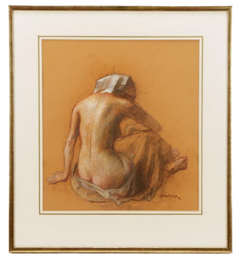 Robert Brackman, "Nude from Behind", Pastel: Robert Brackman (American, 1898-1980), "Untitled (Nude from Behind)", pastel on paper, signed to lower right "Brackman". Figure drawing (or sketch, or illustration) depicting a seated female nude, sho