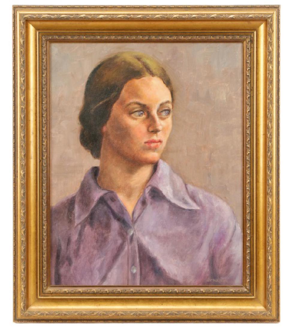 Robert Brackman, "Portrait of a Girl in Purple": Robert Brackman (American, 1898-1980), "Untitled (Portrait of a Girl in Purple)", oil on canvas, signed to lower right "Brackman". Bust length portrait painting depicting young woman in purple collare