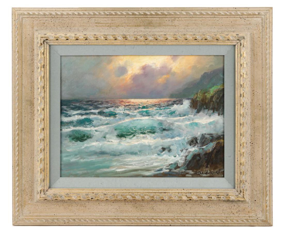 Alexander Dzigurski, "Sundown on the Pacific", Oil: Alexander Dzigurski (American, 1911-1995), "Sundown on the Pacific", oil on canvas, signed to lower right "A. Dzigurski". Seascape or marine landscape painting depicting coastal waves just after sunse