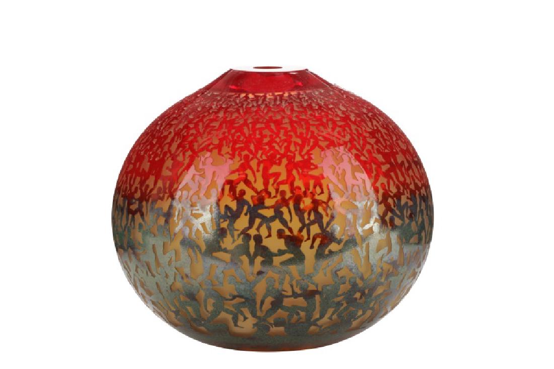 Art Glass Running Figures Vase, Duncan McClellan: Duncan McClellan (American, 1955-). A contemporary bulbous art glass vase likely from the "Metamorphosis" series featuring a graduating bands of running figures using the internal graal technique then