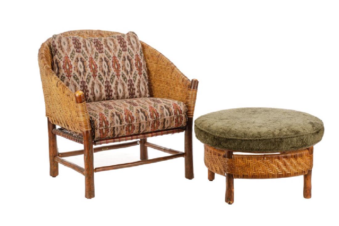 Old Hickory Wicker Captain's Chair & Round Ottoman (1 of 7)