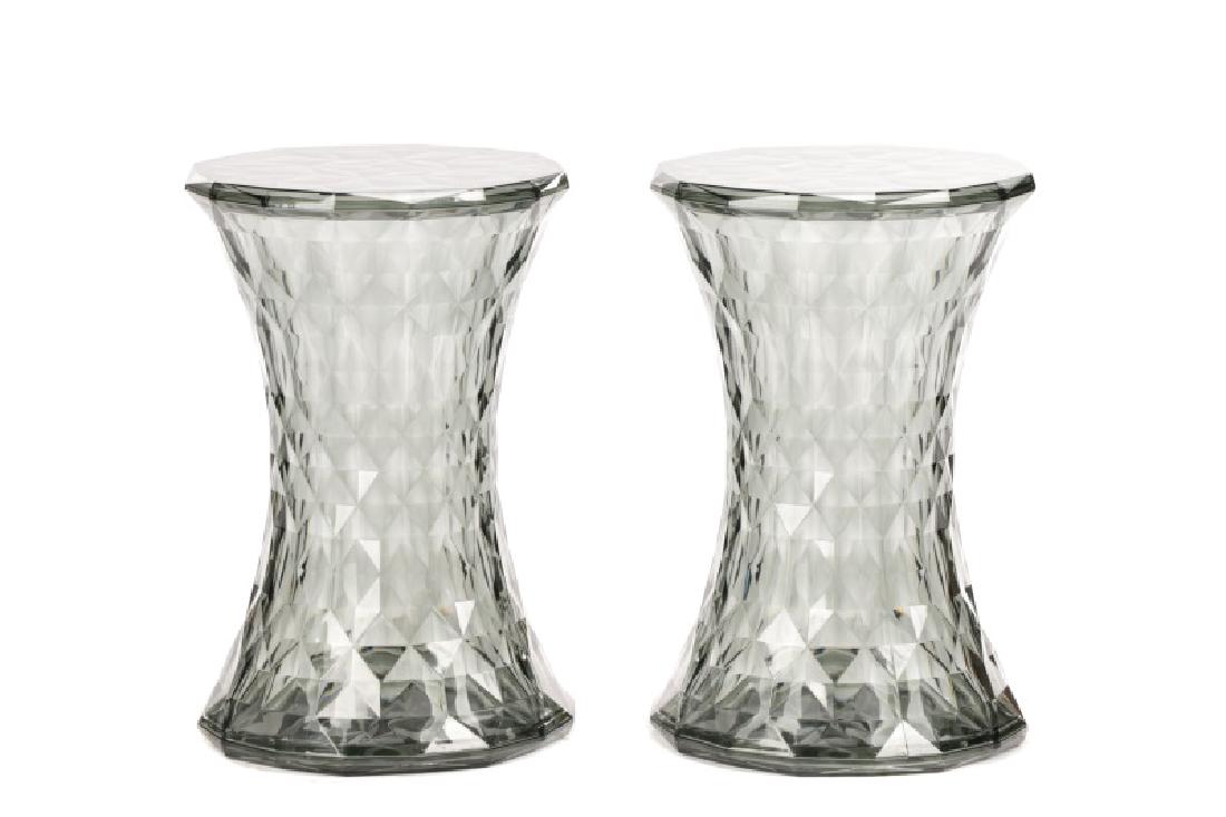 Pair, Marcel Wanders for Kartell Stone Stools: Marcel Wanders (Danish, born 1963) for Kartell (Italian, founded 1949), designed 2006. A pair of polycarbonate "Stone" stools in smoke, each having an hourglass form with a faceted surface. Approximat