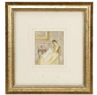 John Strickland Goodall, "Sewing", Watercolor: John Strickland Goodall (British, 1908-1996), "Sewing", watercolor and graphite on paper, ink signed to lower right. Figural painting depicting woman in pale yellow gown sewing in sitting room, with l