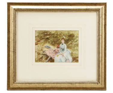 John Strickland Goodall, "Waiting", Watercolor: John Strickland Goodall (British, 1908-1996), "Waiting", watercolor and graphite on paper, ink signed to lower left. Figural painting depicting young woman and little girl in Victorian dress resting o