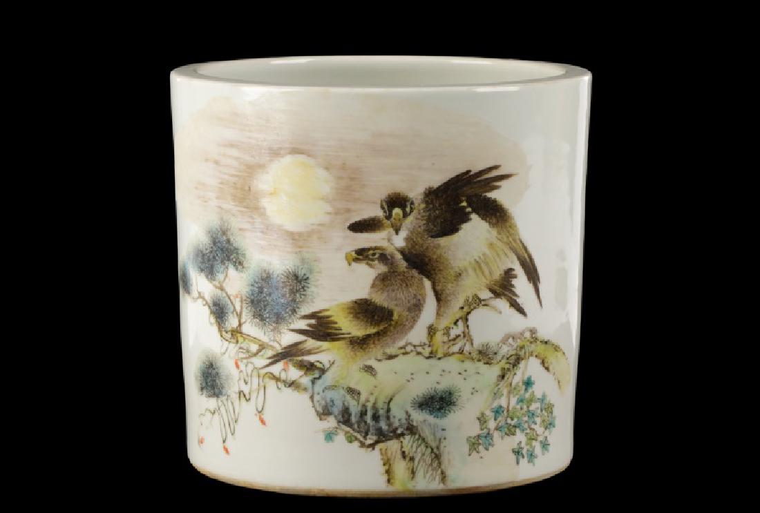 Large Chinese Porcelain Brush Pot w/Hawks (1 of 11)