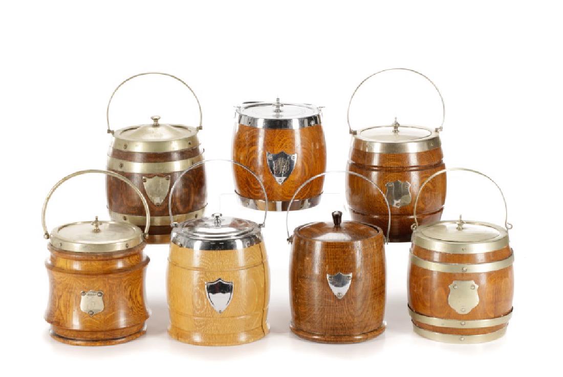 Seven English Oak & Silver Plate Biscuit Barrels (1 of 10)