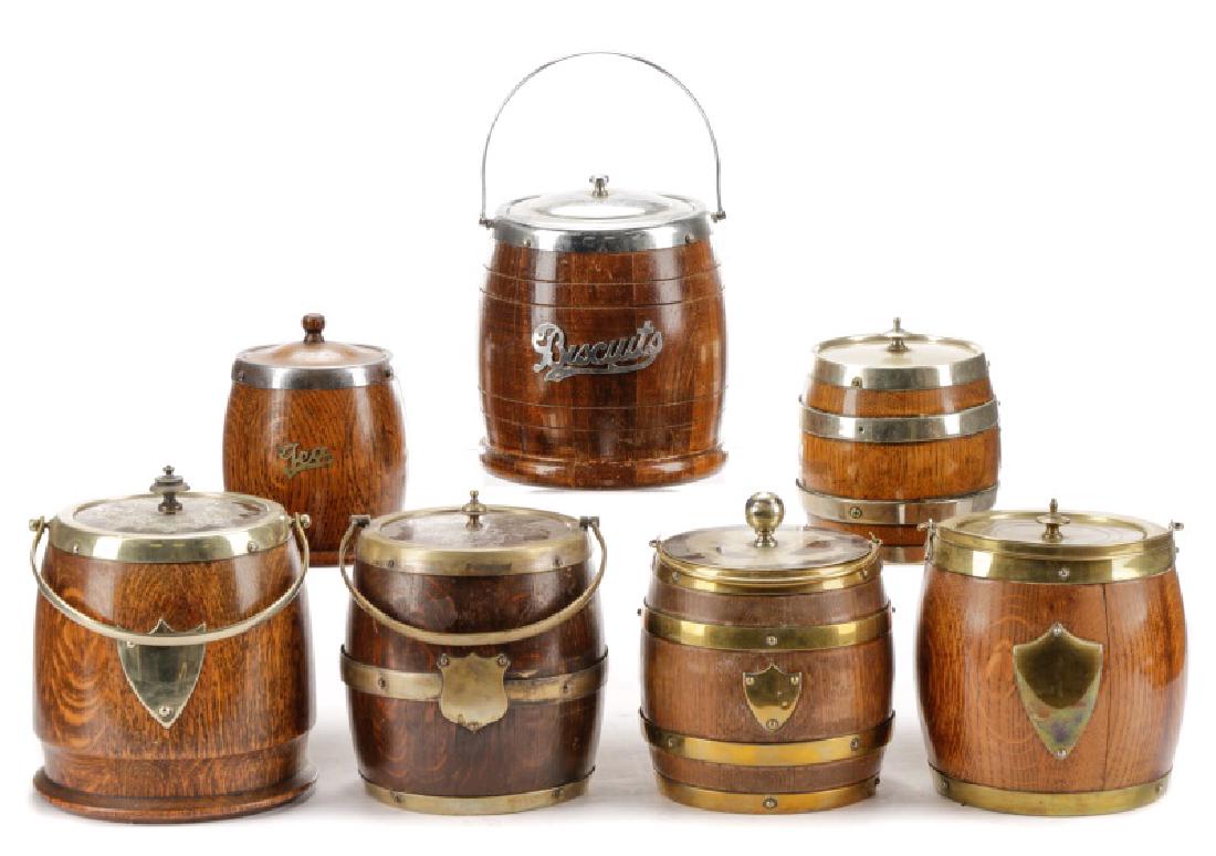 7 English Oak & Silver Plate Biscuit Barrels (1 of 10)