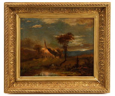 American School, "Hillside Chapel", Oil on Canvas: American School, 19th century. "Untitled (Hillside Chapel)", oil on canvas, apparently unsigned. Landscape painting depicting pastoral scene with hillside chapel at sundown. Framed approximately 17.5"