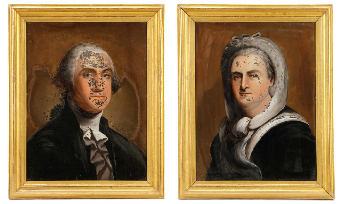 Pair, Verre Églomisé Washington Portraits: American School, after Gilbert Charles Stuart (American, 1755-1828, first half 19th century. A pair of verre églomisé, or reverse painted, Vaughan-style portraits of George and Martha Washington, ap