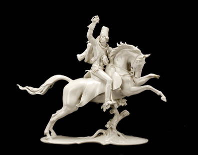 Theodor Karner Malachowski Hussar Figurine: Theodor Karner (German, 1884-1966) for Allach Porcelain Factory (German, 1935-1945). A porcelain blanc de chine figurine of a Malachowski Hussar on horseback. Marked to underside. Approximate height 1