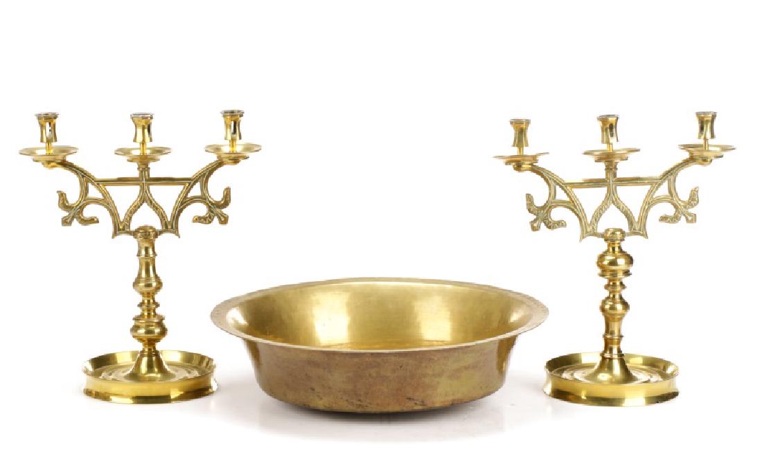 Collection of Dutch Brass Decorative Objects: Dutch, late 19th / early 20th century. A collection of Dutch brass decorative objects comprising pair of three light candelabrum in Dutch baroque taste, and Dutch brass wash basin or serving dish. Can