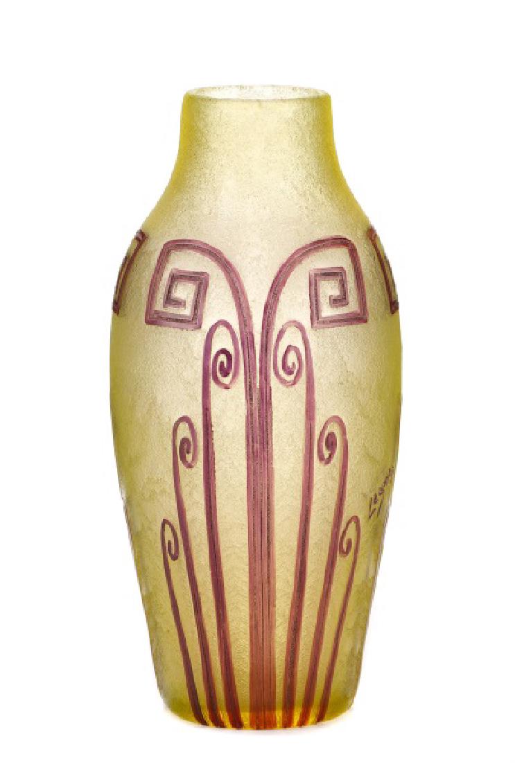 French Art Deco Cameo Glass 12" Vase, Legras: Auguste Legras (French, 1864-1920), circa 1910. An Art Deco cameo glass vase having cut back scrolling motif in wine on light green chipped ice ground. Signed in cameo on side "Legras". Approximate he