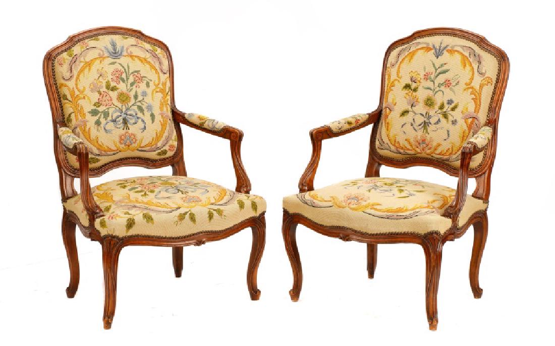 Pair, French Louis XV Needlepoint Fauteuils (1 of 7)