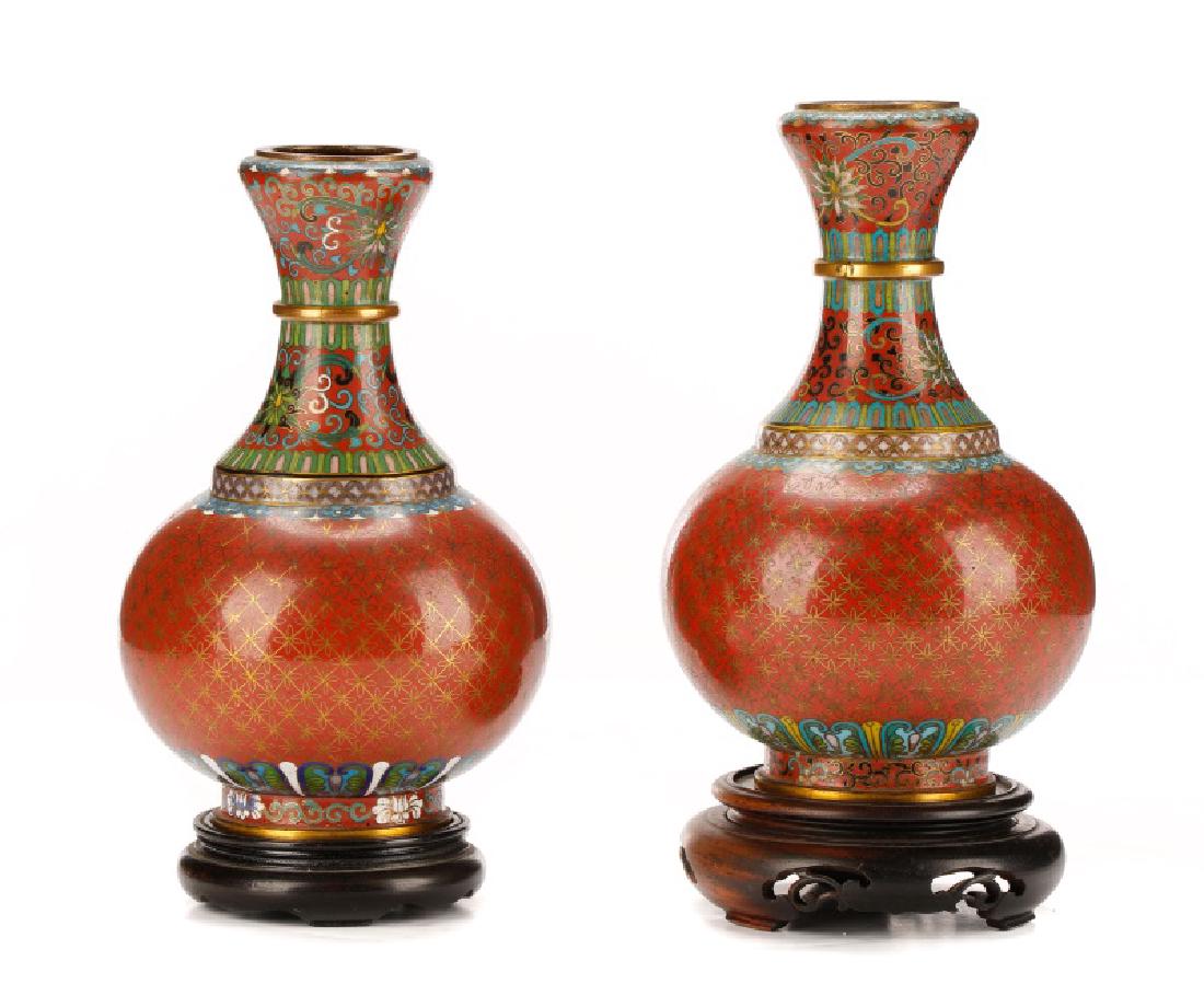 Pair, Ching Dynasty Cloisonne Garlic Mouth Vases (1 of 8)