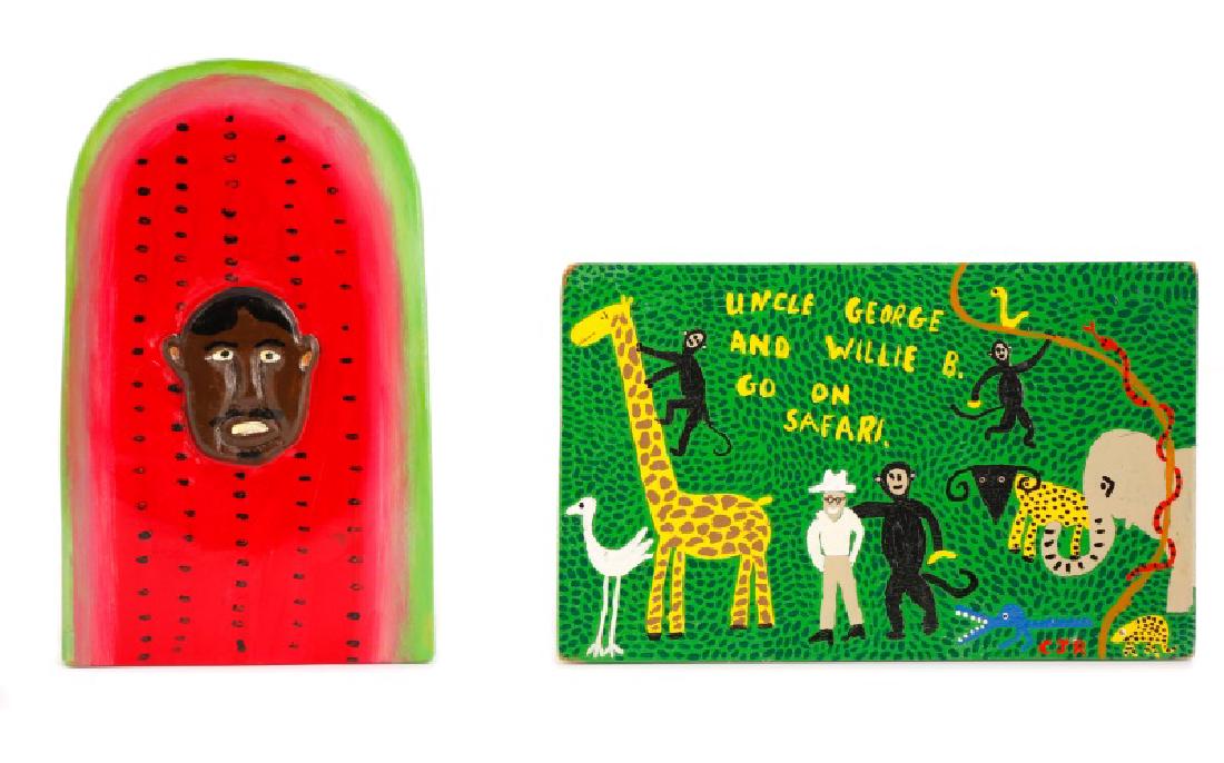 2 Folk Art Works, Jim Lewis & Chris Roberts: Collection of two painted figural folk art works comprising of a Chris Roberts-Antieau (American, b. 1940- ), "Uncle George and Willie B. Go On Safari", mixed media on wood panel, monogrammed lower ri