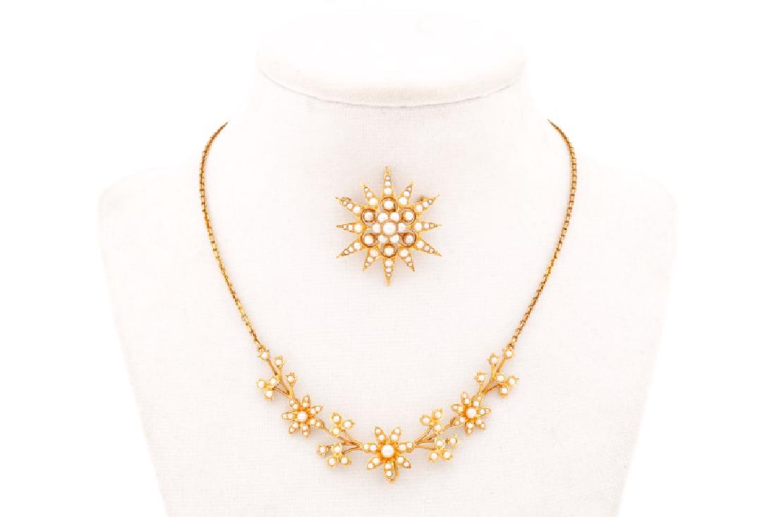 Victorian Gold Seed Pearl Necklace & Brooch (1 of 7)
