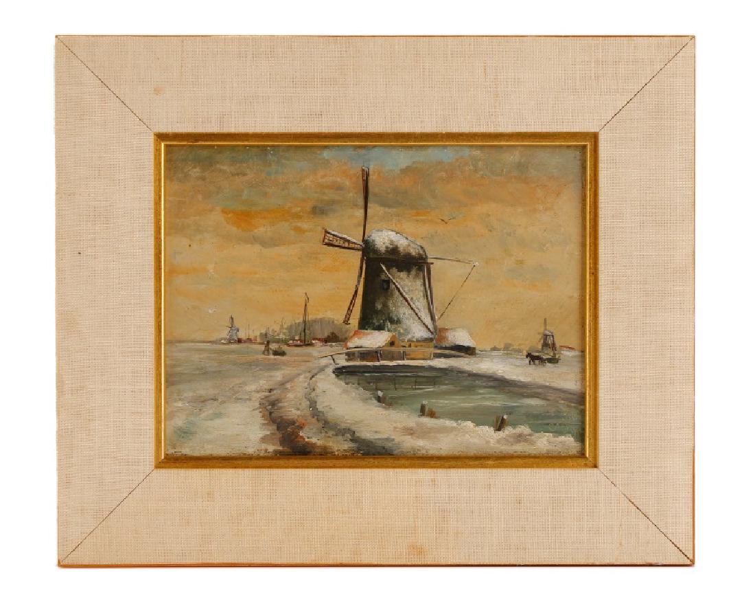Anthony Thieme, "Winter in Holland", 1908: Anthony Thieme (American, born Holland, 1888-1954), "Winter in Holland" - 1908, oil on board, signed and dated to lower right recto. A landscape scene depicting a windmill in snow. Framed approximatel