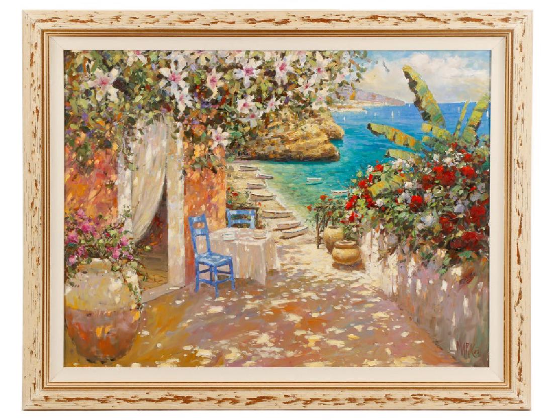 Marko Mavrovich, "Cappuccino for Two", Oil: Marko Mavrovich (American/Croatian, born 1960), "Il Primo Cappuccino" -2000, oil on canvas, signed, dated, titled, and inscribed "To Albert and Faye: The tides of summer brings lovers together around