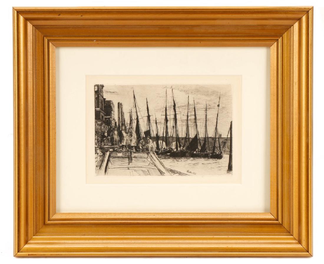 J.A.M. Whistler, "Billingsgate," Etching, 1859: James Abbott McNeil Whistler (American, 1834-1903), "Billingsgate" - 1859, etching on laid paper, signed and dated in print. A view of Billingsgate Fish Market, with the London Bridge to the right, as