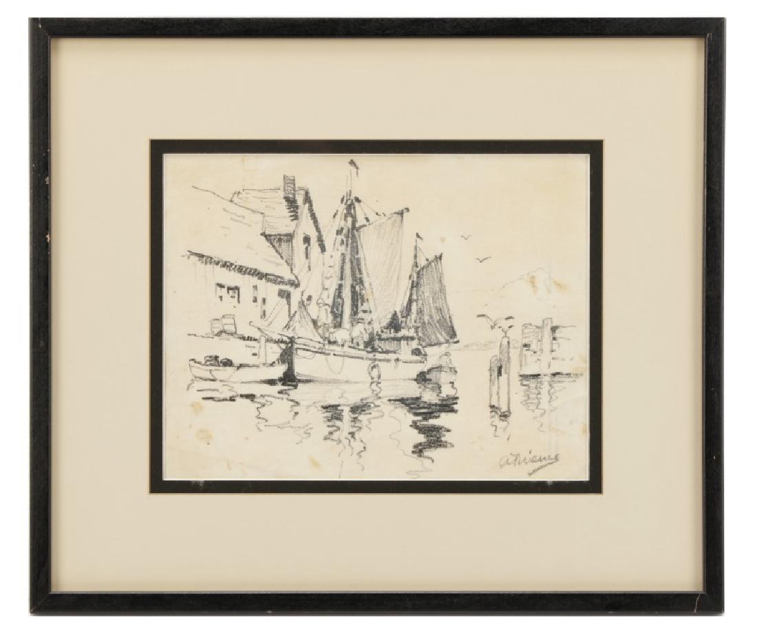 Anthony Thieme, "Fishing Boat, Gloucester": Anthony Thieme (American, born Holland, 1888-1954), "Fishing Boat, Gloucester" - circa 1930s, charcoal on reverse of Boston Art Club stationary, signed to lower right recto. A sketch depicting a fishi
