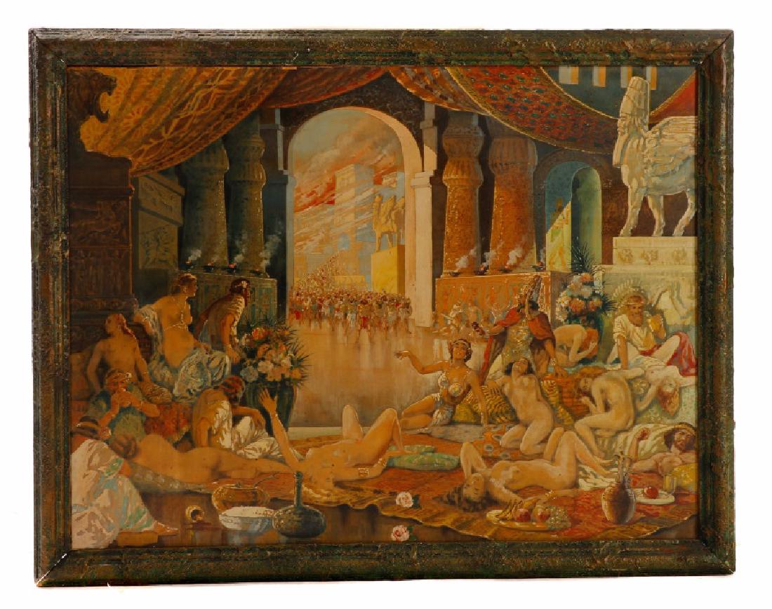 Assyrian Palace Feast, Gouache on Masonite: American, second half of 20th century, "Assyrian Palace Feast", gouache on masonite board, apparently unsigned. Figural painting depicting a lavish palace feast with nude women throughout interior res
