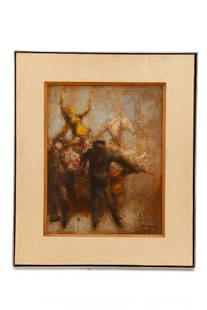 John Barnes Dobbs, "Dixieland Rideout" (1st Study): John Barnes Dobbs (American (New York), 1931 - 2011), "Dixieland Rideout" (1st Study), oil on board, signed lower right "JB Dobbs". A figurative painting depicting a dusky vision of figures; yellow fi