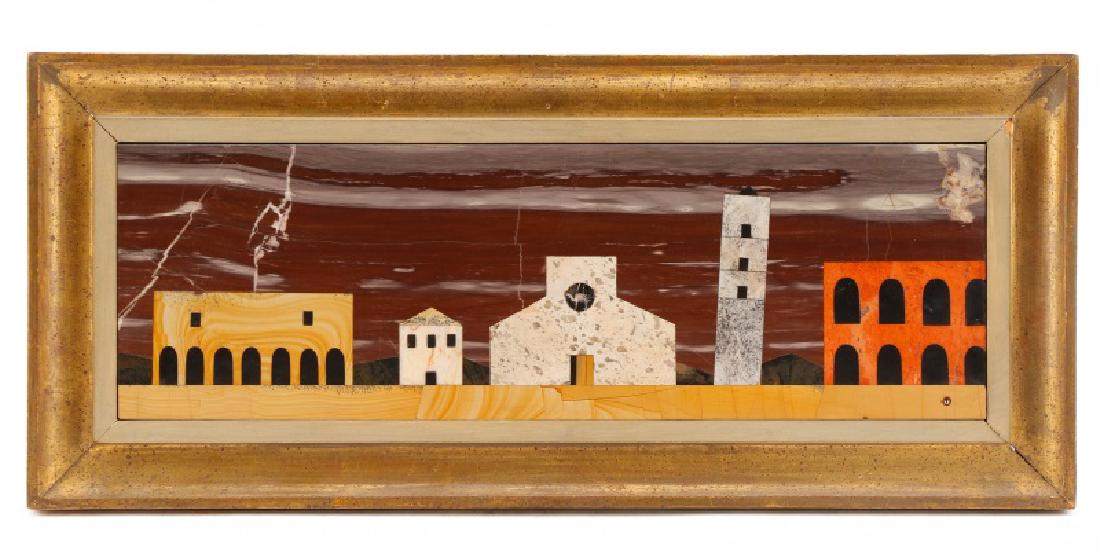 Richard Blow Pietra Dura Marble Plaque, Montici: Richard Blow (American (Illinois) 1904-1983), circa 1957. A Mid Century framed pietra dura marble scenic mosaic plaque depicting series of architectural buildings. Montici cipher in pietra dura to the