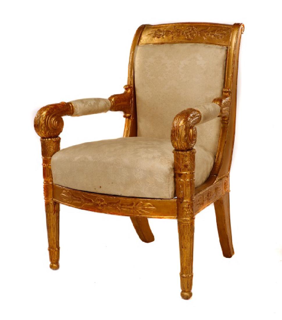 Fine Late Empire French Giltwood Fauteuil, Werner: Attrbuted Jean-Jacques Werner (1791-1849), first quarter 19th century. A fine giltwood carved fauteuil decorated with acanthus leaves, rosettes and palmettes, the scrolled armrests resting on turned,