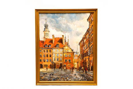 Jan Pawlowski, "Old Town Square, June 1980", O/C: Jan Pawlowski (American, born Poland, 1949), "Old Town Square, June 1980" - 1980, oil on canvas board, signed to lower right recto, artist's card with date and title to verso. Impressionistic cityscap