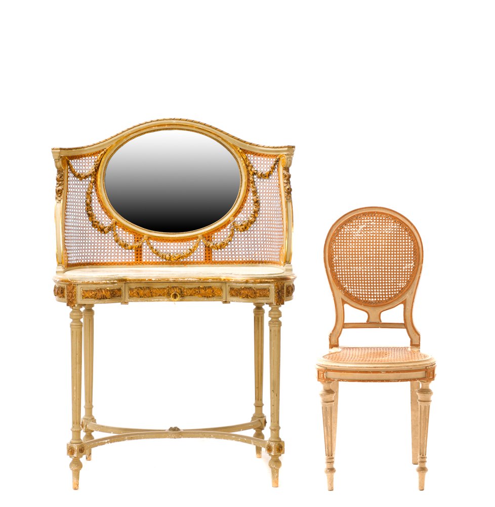 Louis XVI Style Mirrored Marble Top Vanity & Chair (1 of 11)