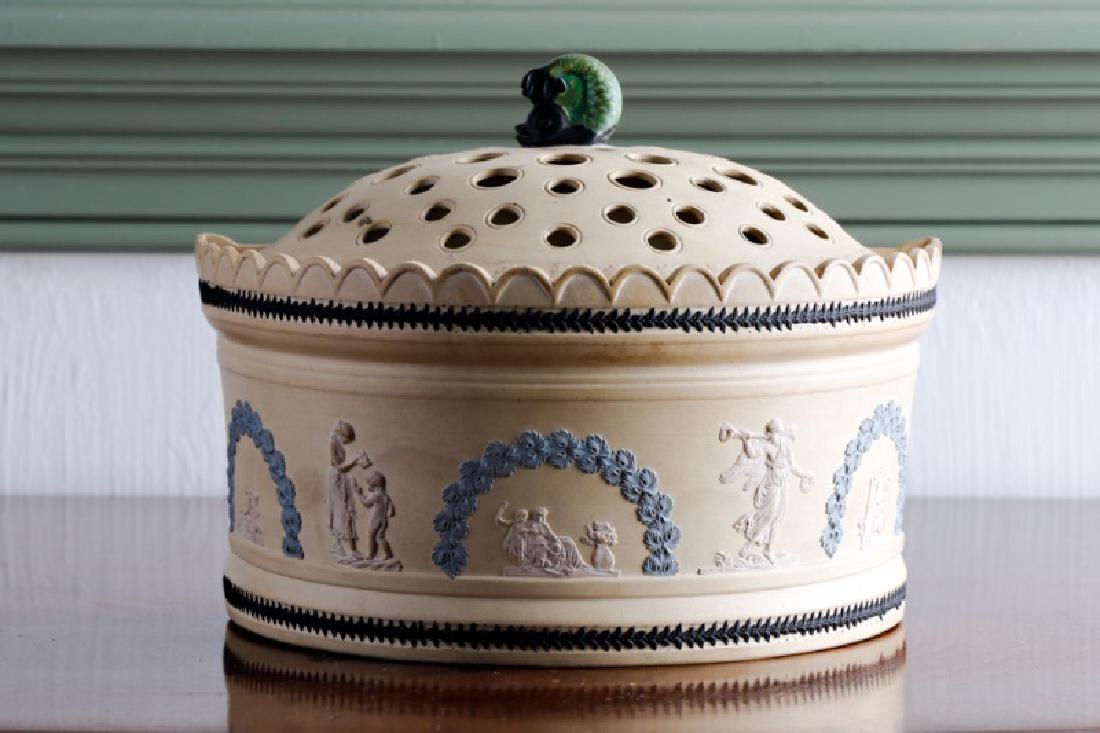 19th C. Eastwood Buff Porcelain Bough Pot: English, Staffordshire Unglazed buff-colored porcelain bough pot with slip-decorated relief decoration, 19th century Stamped Eastwood Approx. height 6.75", width 8.75"