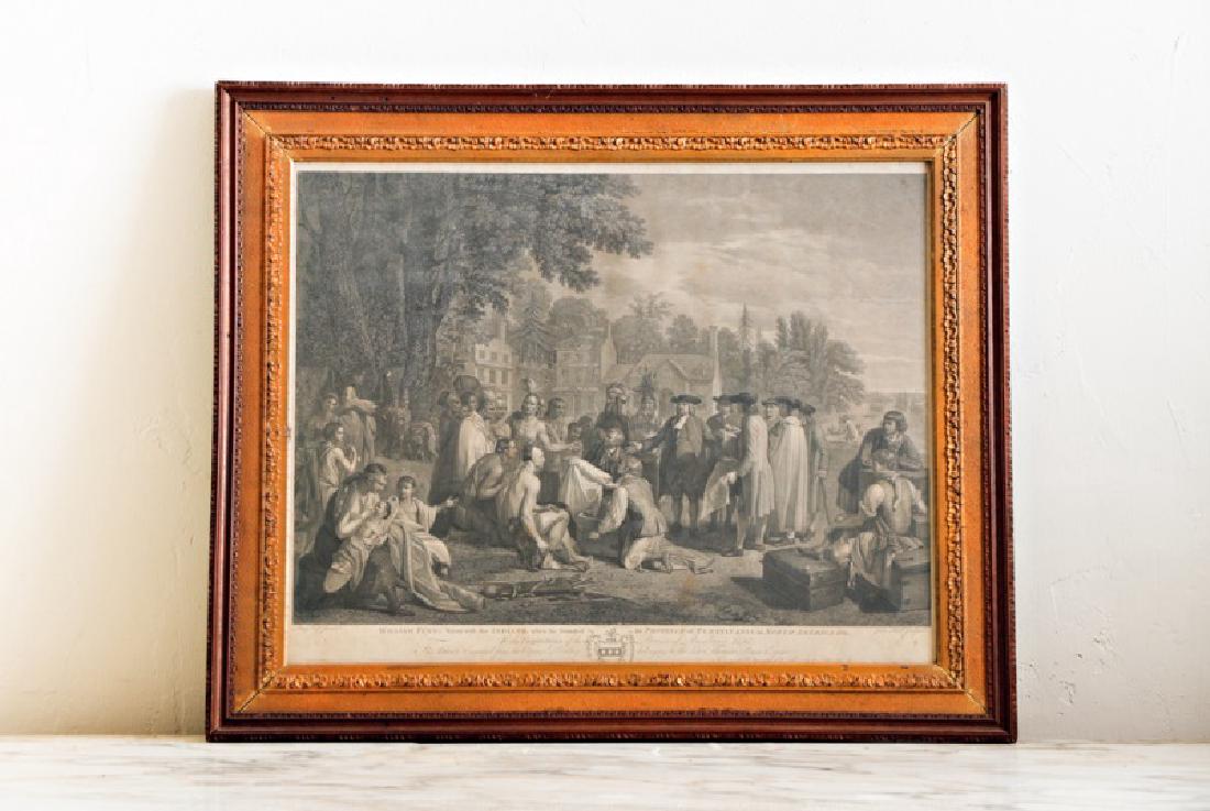 John Hall "William Penn's Treaty" Engraving 18th C: John Hall (United Kingdom, 1739-1797) John Boydell publisher (1719-1804) "William Penn's Treaty with the Indians" - 1775 Engraving with hand-coloring on paper 18" x 24" (sight). 24.5" x 29.25" (framed