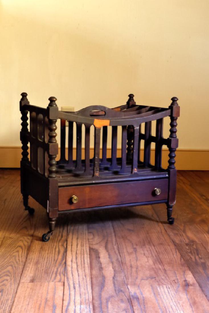 American Duncan Phyfe Style Mahogany Canterbury: American Duncan Phyfe style four-section canterbury, 20th century Mahogany, casters Approx. height 20.5", width 20.75", depth 15.5"