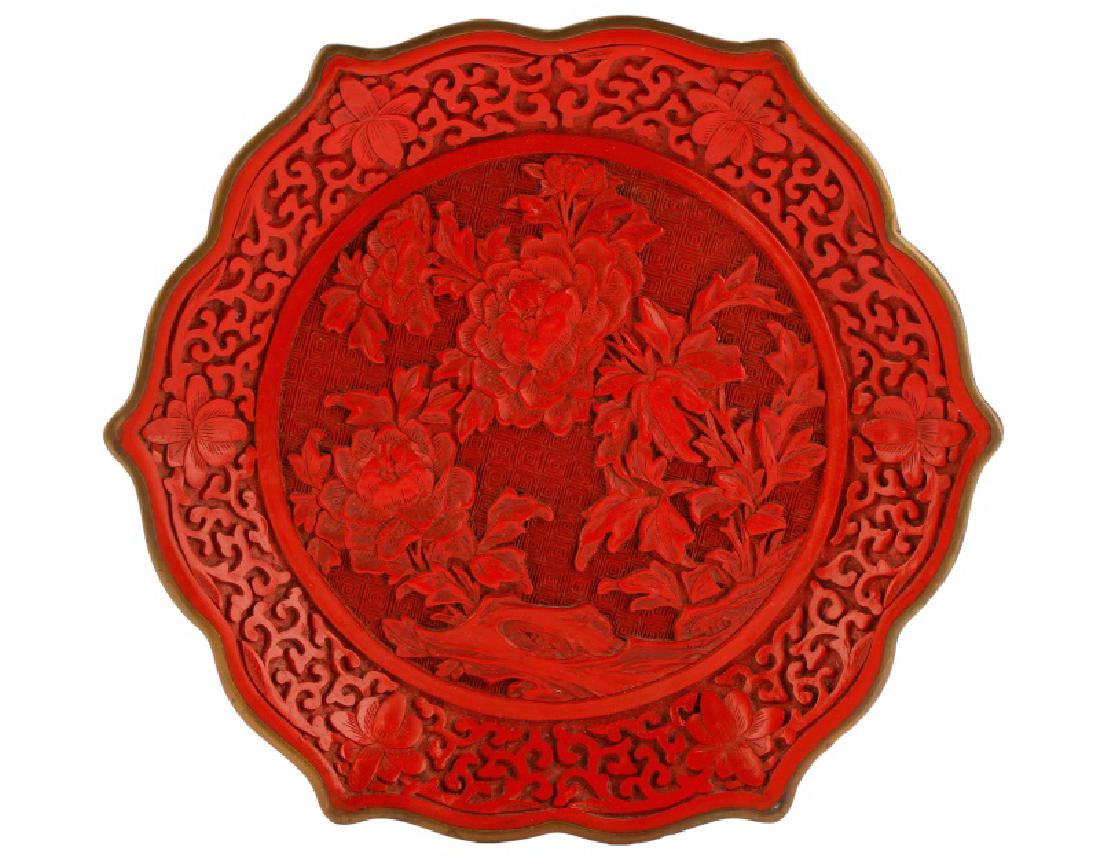 Chinese Lacquered Cinnabar Plate w/ Peonies (1 of 8)