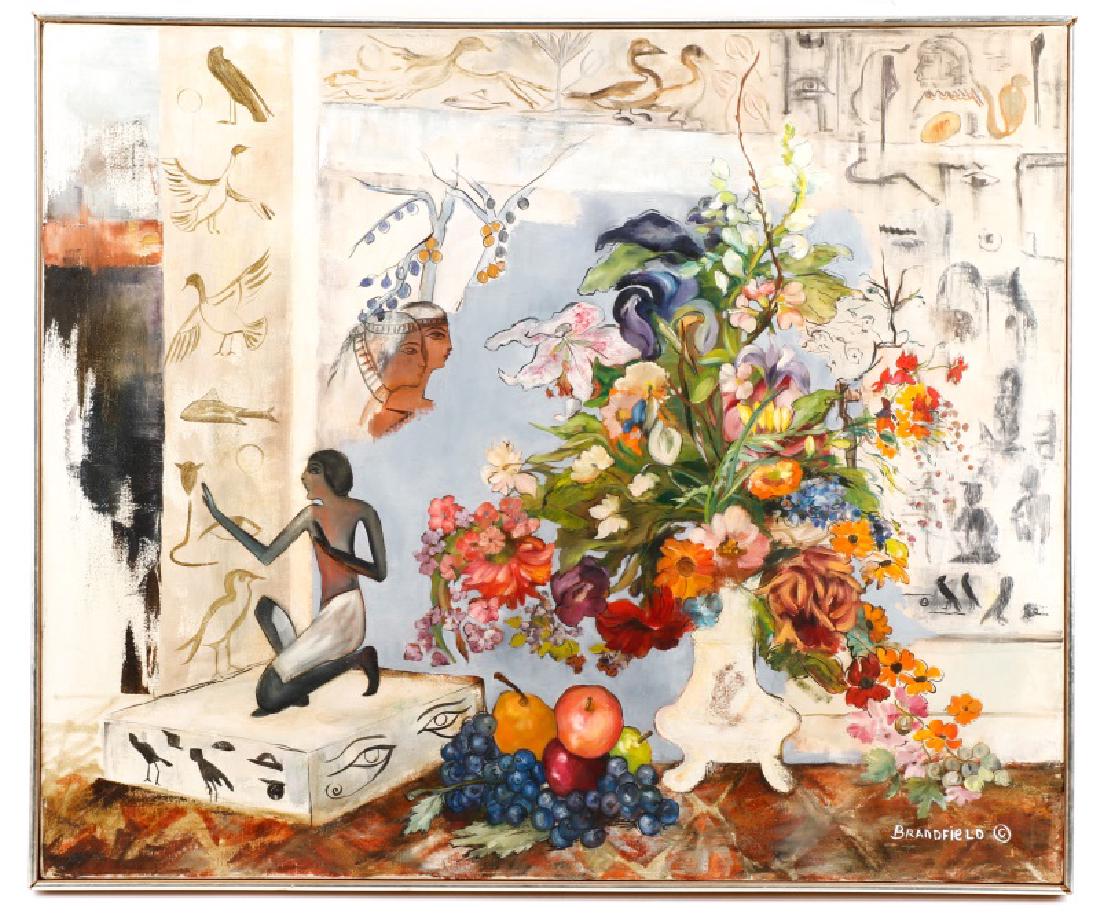 Modernist Oil "Egyptian Still Life", Brandfield: American School, fourth quarter 20th century. "Egyptian Still Life"- 1981, oil on canvas, signed lower right "Brandfield" possibly for Kitty Brandfield (American/ British, 1910-1999). Modernist still 