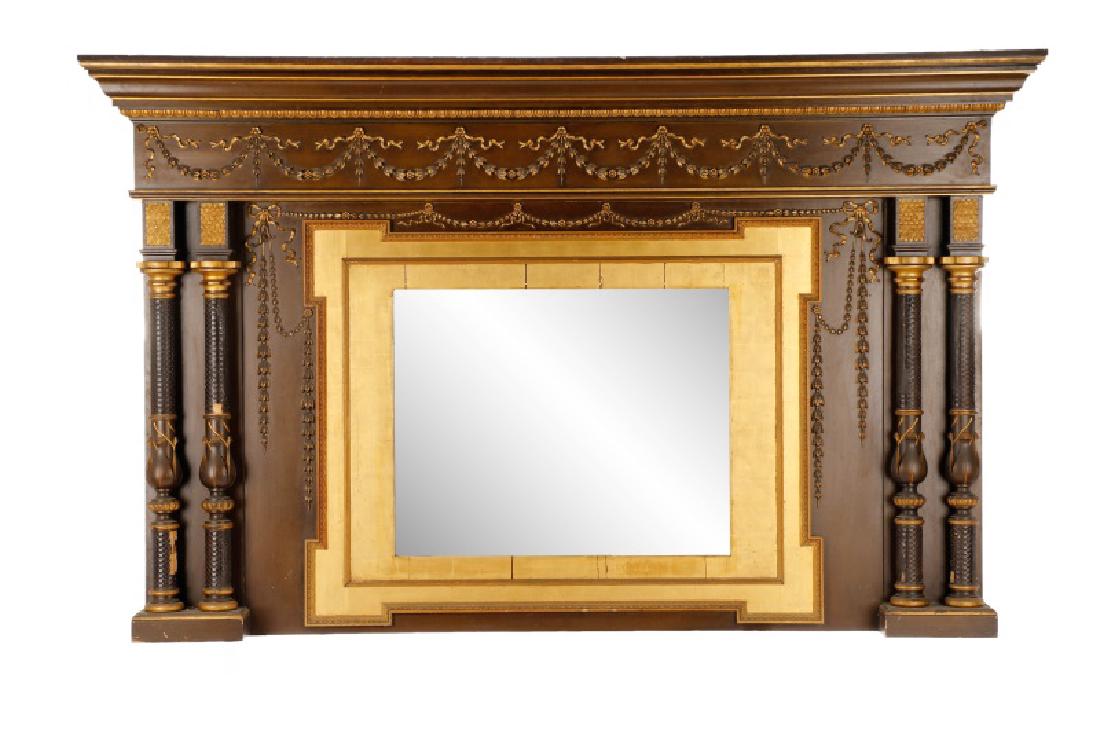 Monumental Gilded Age Style Tulip Motif Overmantle: American, late 19th/early 20th century. A monumental Gilded Age style over-mantle, polychromed in brown, having a molded cornice top with painted gilt accents, over a frieze decorated with gilt bellfl
