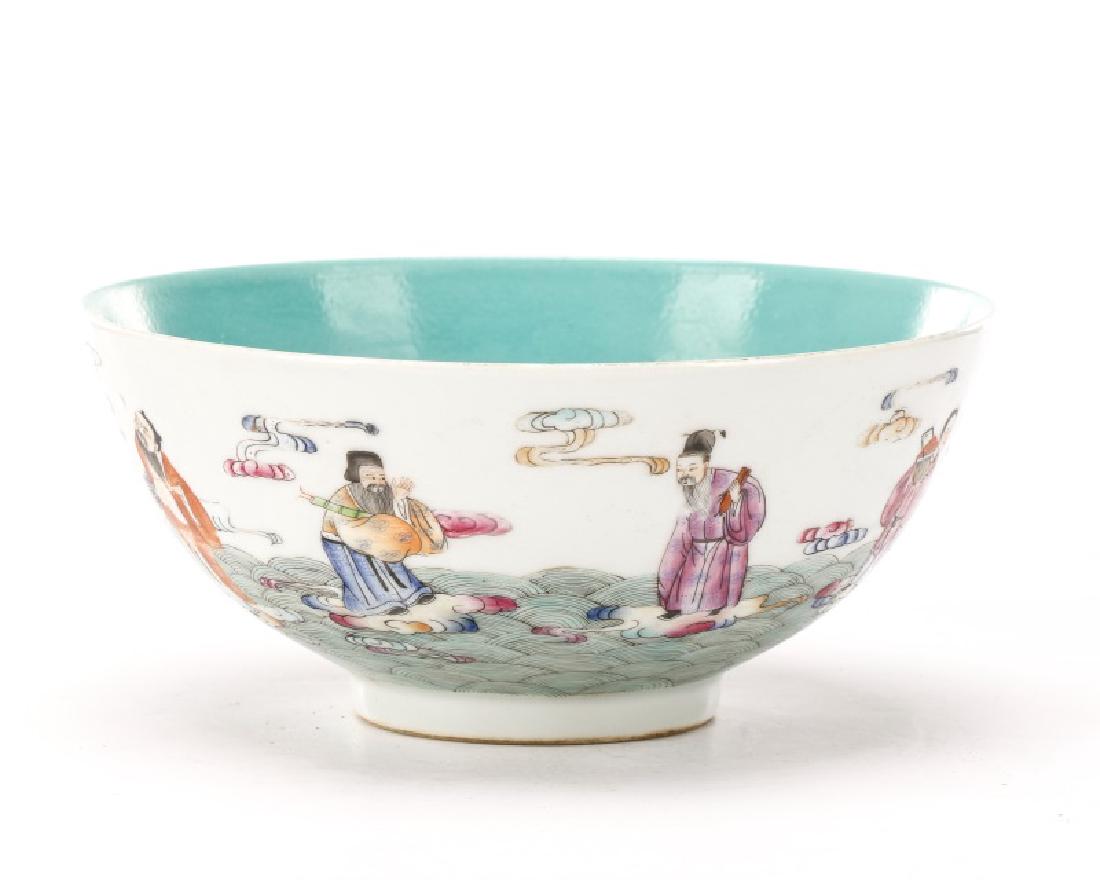 8 Buddhist Immortals Chinese Bowl, Guangxu Mark: Chinese, Guangxu Period mark (1875-1908), likely later. A finely hand painted round porcelain bowl raised on a ring foot, the exterior decorated on tondo with the Eight Buddhist Immortals represented 