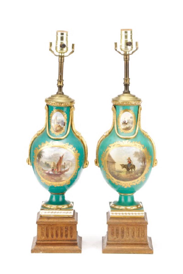 Pair, Old Paris Porcelain Landscape Urn Lamps (1 of 7)