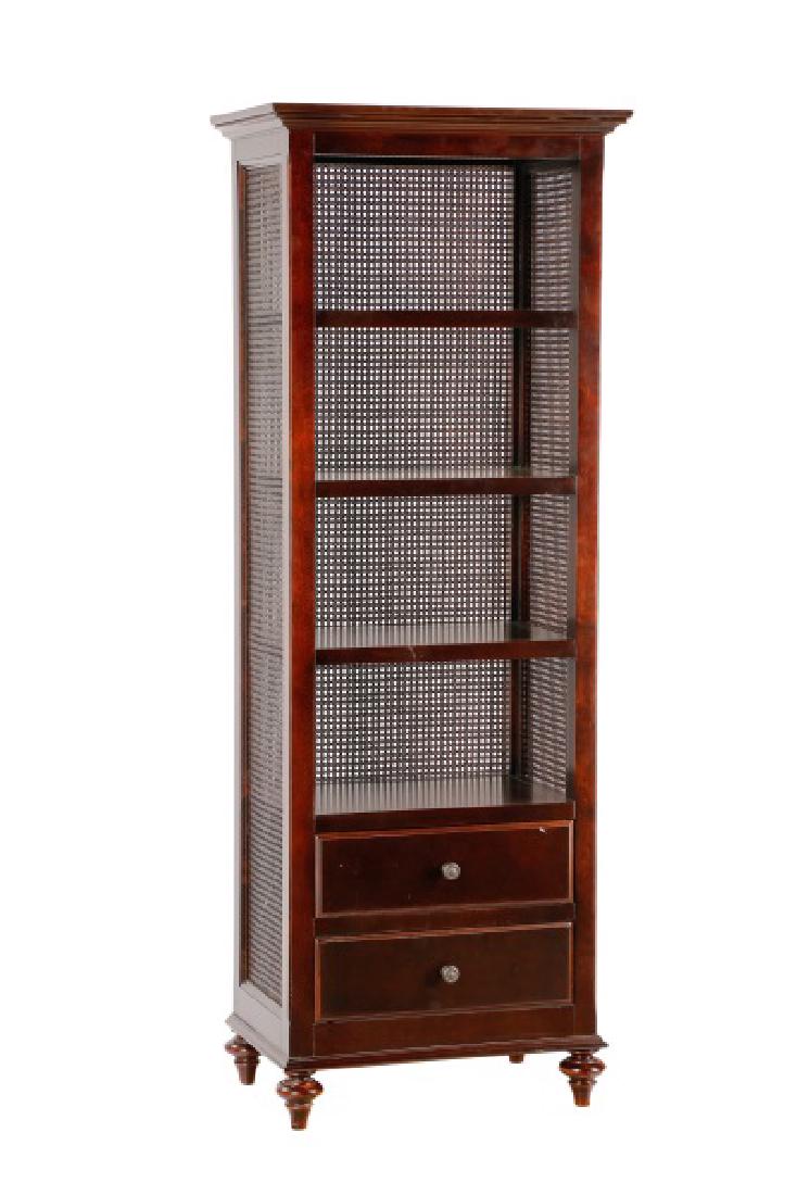 Restoration Hardware Rattan Bathroom Cabinet: Restoration Hardware (American, founded 1979), circa 2000s. A tall, stained wood bathroom cabinet in a dark espresso finish, having a molded cornice over four long shelves and two drawers, the sides i