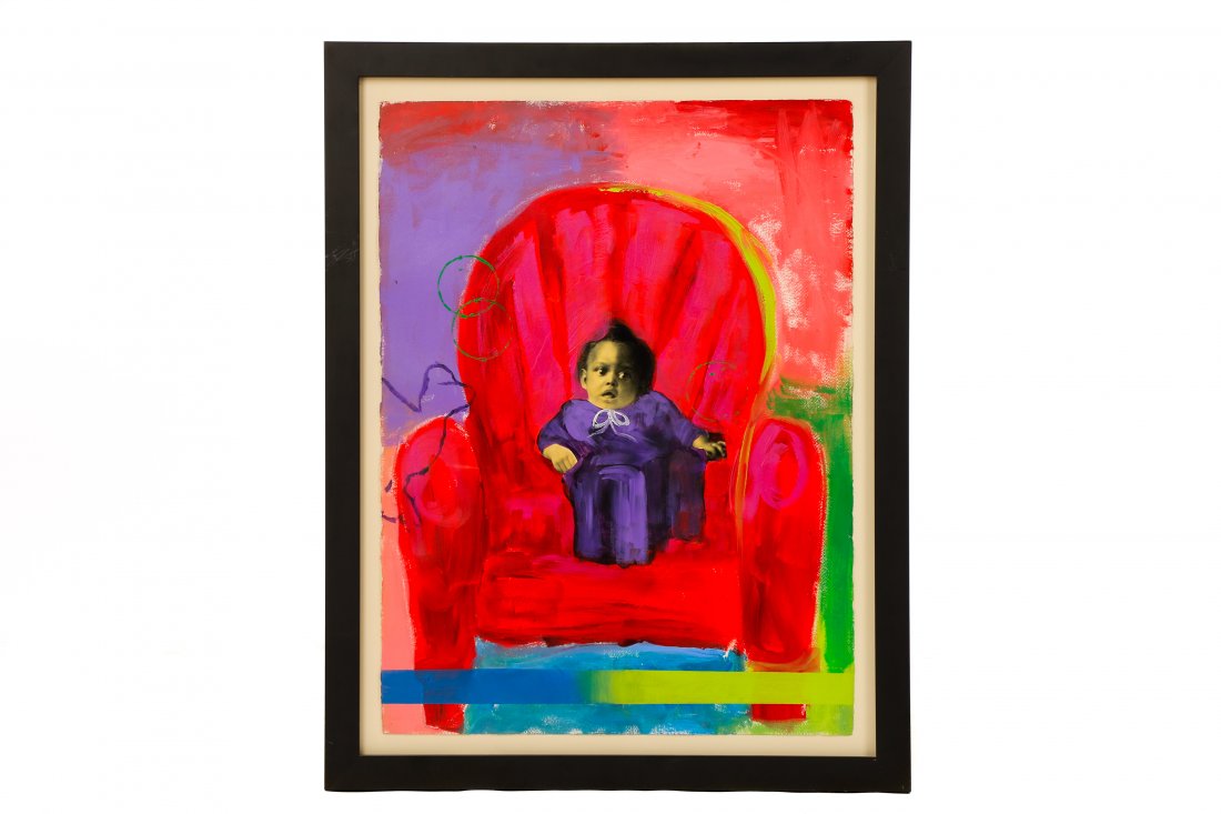 Cedric Smith, Untitled, Mixed Media on Paper: Cedric Smith (American (Georgia), b. 1970- ) , mixed media with photography on paper, apparently unsigned. Contemporary mixed media artwork depicting a young African American child in purple gown seat