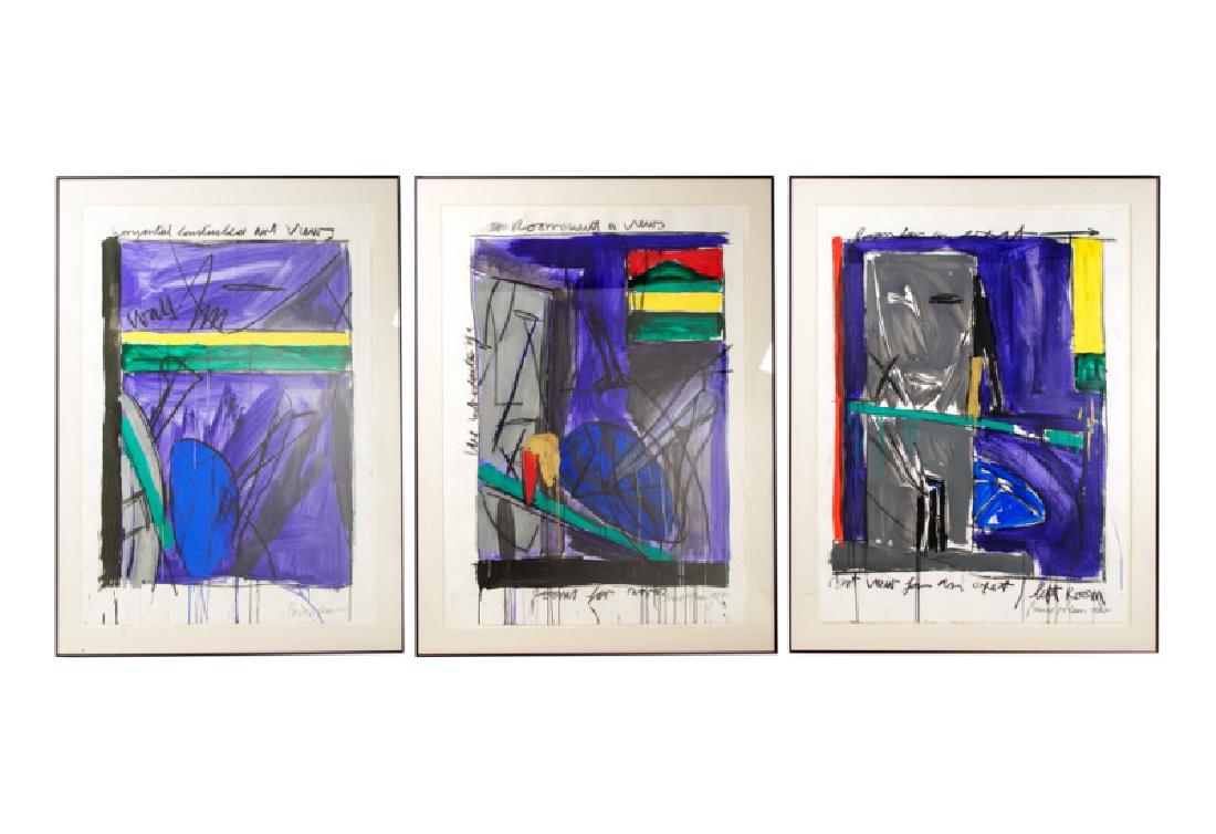 Bruce McLean, 3 Mixed Media Works (Triptych): Bruce McLean (Scottish/American, born 1944) Group of three works: "Room for an Exit. Art View for an Exit: Left Room" "Horizontal Constructed Art View" The Introduction of a Room for a View: Room for