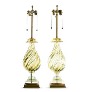 Pair, Seguso Art Glass Table Lamps For Marbro: Archimede Seguso (Italian, 1909-1999) for Marbro Lamp Company (American, California, 1940s-1990s) Large pair of art glass table lamps in champagne with robin's egg blue accents on gilt wood base, thir