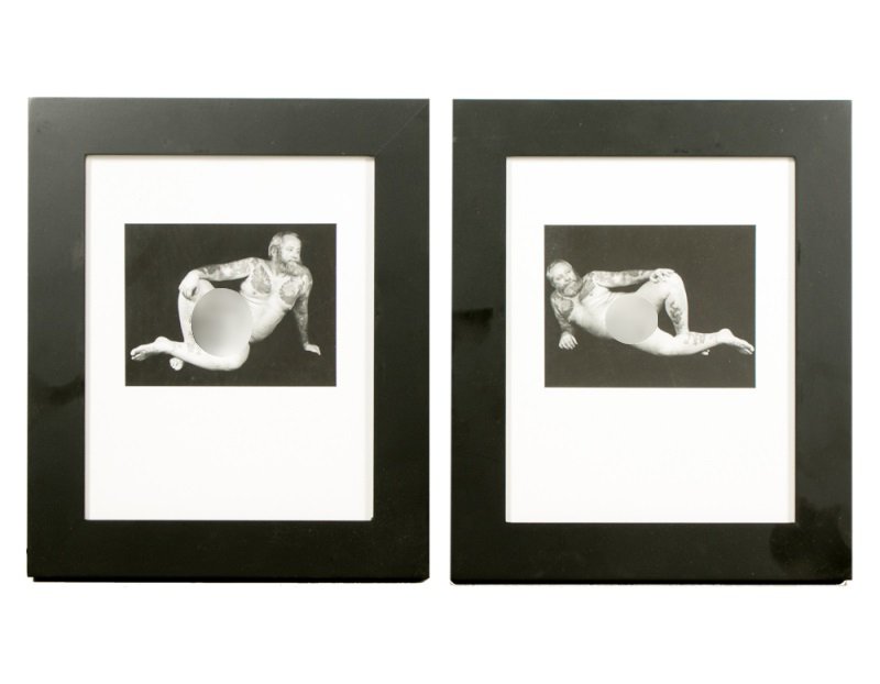 John Rand, "Tattooed Bear," Pair: Per LiveAuctioneers, the nudity in this photo has been digitally obscured. Please note that the oval blurred forms in this photograph are digitally edited and are not present in the photograph present